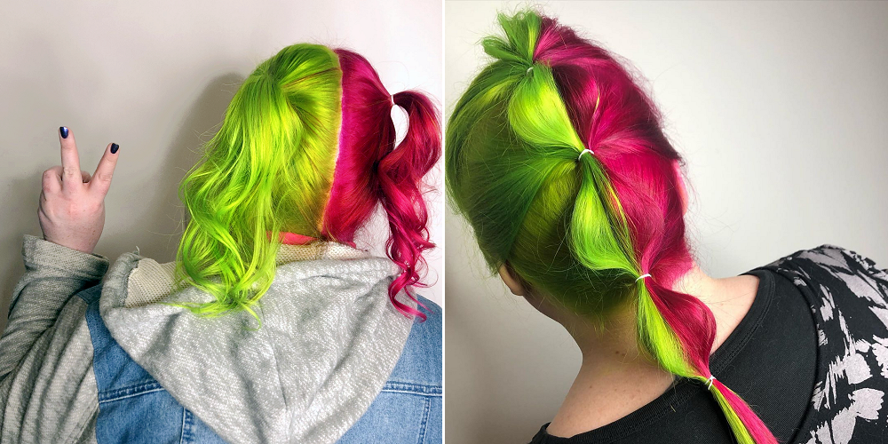 2 images showing off a neon green and pink split dye hair colour