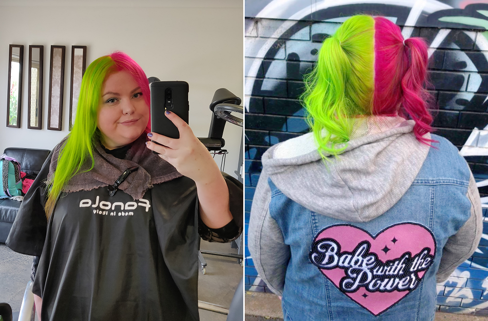 2 images showing off a neon green and pink split dye hair colour