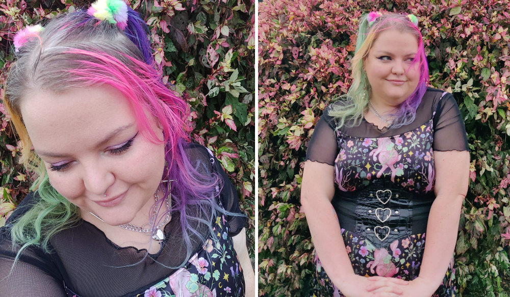 2 close-up images of a chubby girl with faded split hair colour of pink/purple and orange/green. She has her hair in half up/ half down pig tails tied with rainbow scrunchies. 