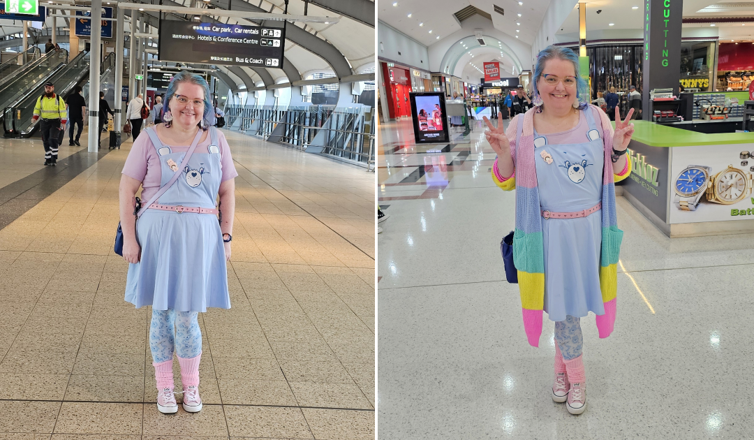 Two images of a plus size girl with shoulder length blue hair. Both are full body showing off her outfit. One is taken on a walkway with train station signs in the background and the other is taken in the middle of a shopping center.